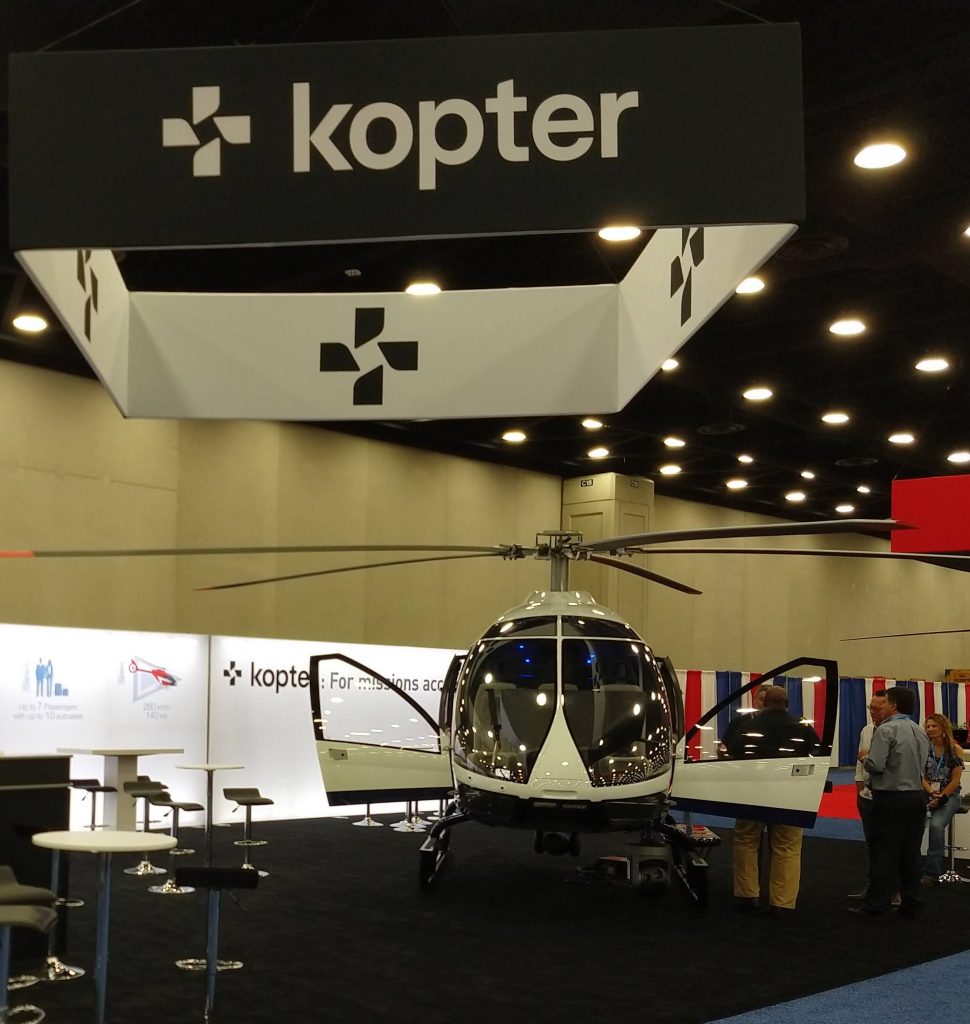 Estande do novo player do mercado de aeronaves, a empresa suiça Kopter (nova denominação da empresa Marenco)