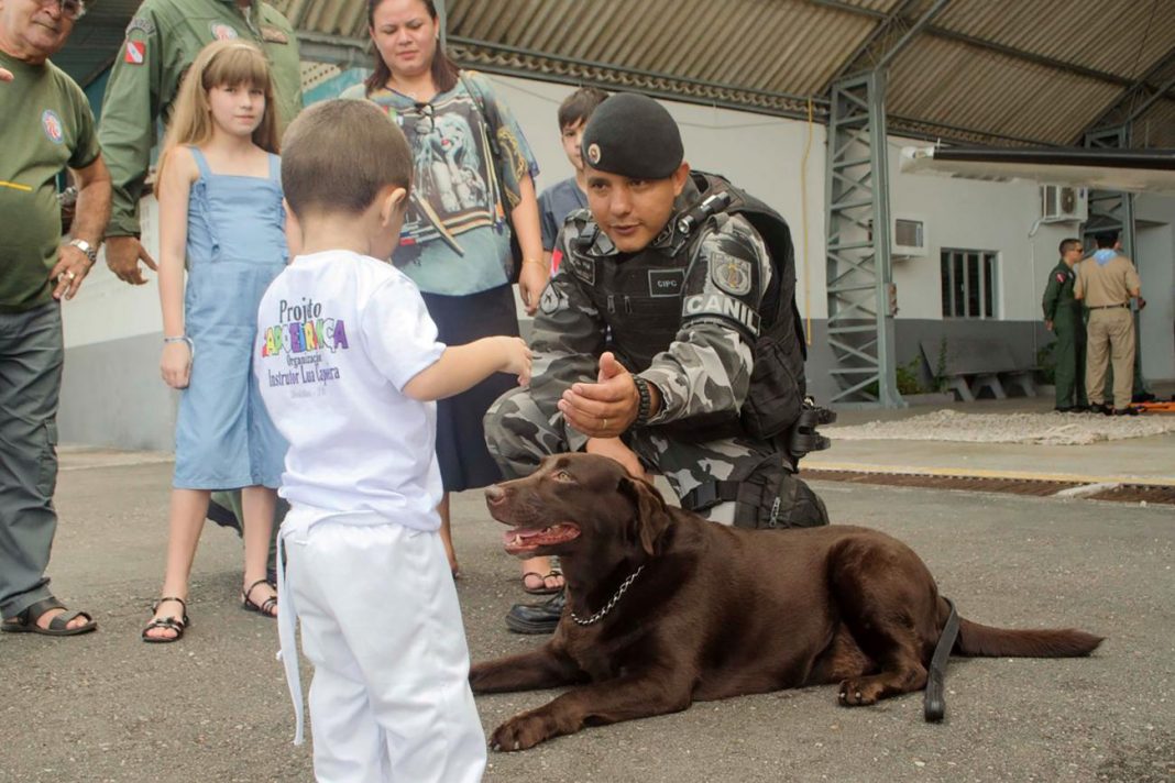 As crianças interagiram com os cães farejadores da Polícia Militar
