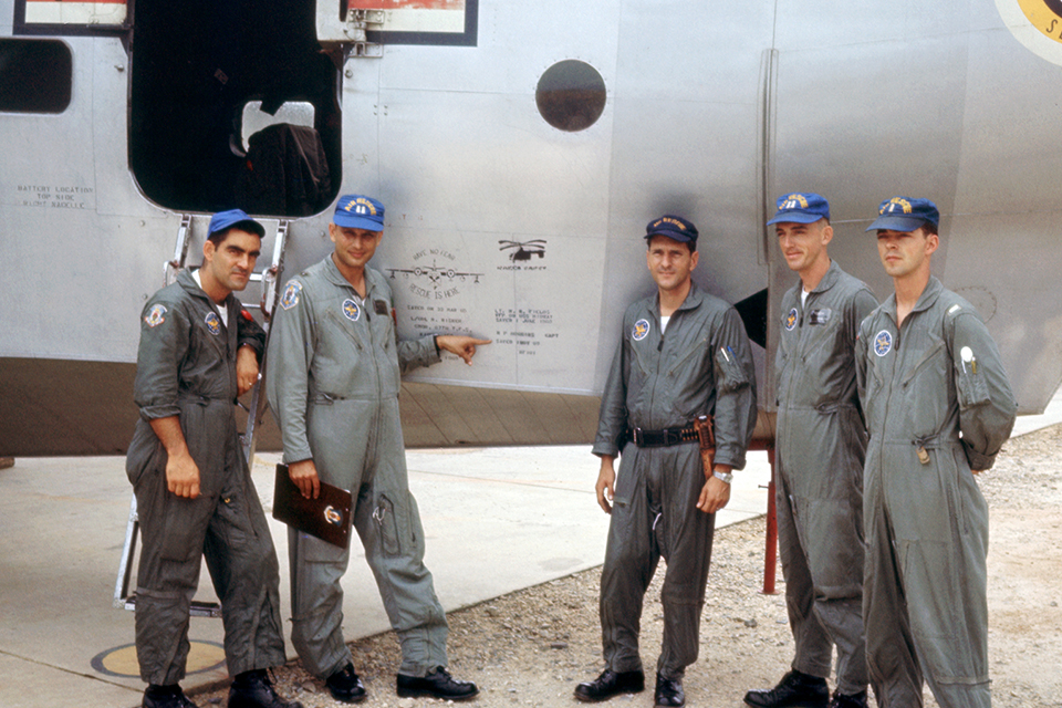This HU-16B crew, including pilots Dave Westenbarger and Dave Wendt (second and fourth from left), earned Silver Stars for a November 1, 1965, rescue mission. (Courtesy of Dave Wendt)
